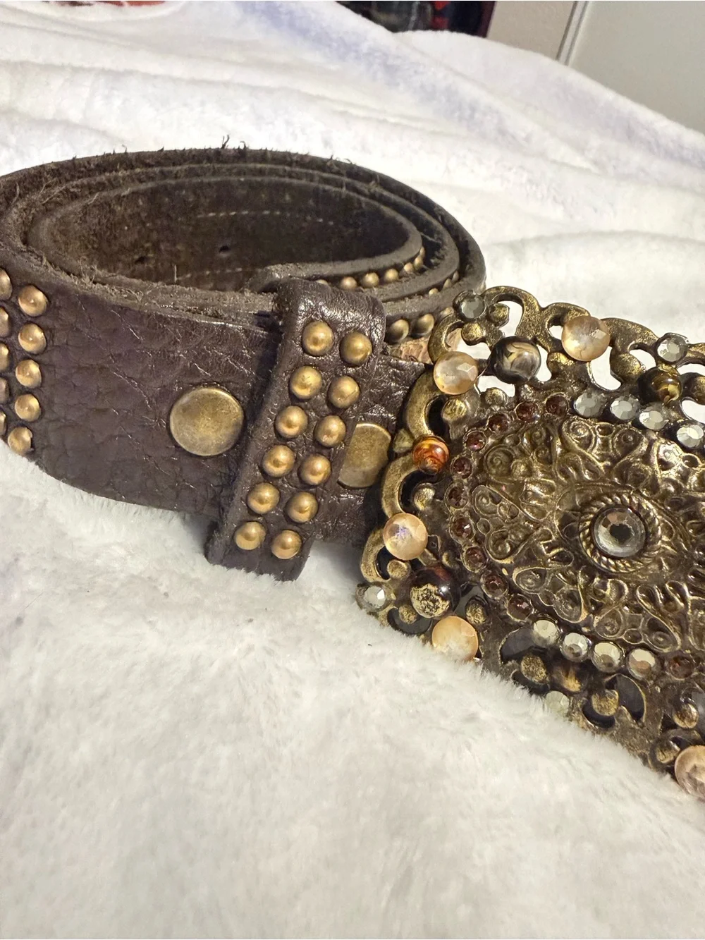 Vintage Leatherock USA Boho Statement Belt Ornate Stone Buckle Model 6289